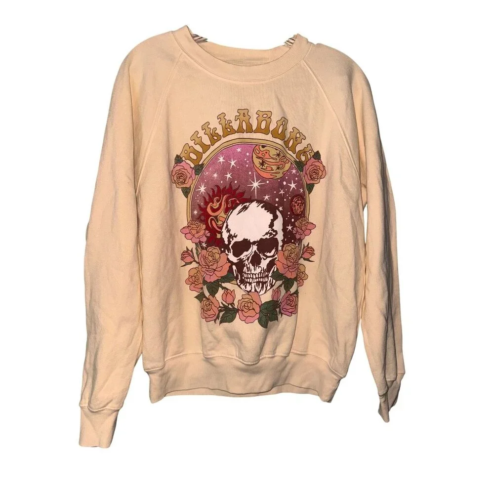 Billabong Skull & Roses Graphic Sweatshirt Beige S - Picture 2 of 6
